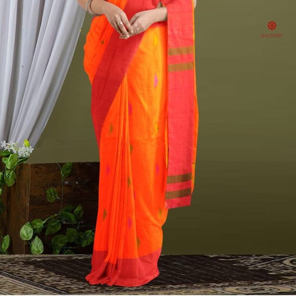 Marigold Orange Handloom Cotton Saree - Picture 2 of 2